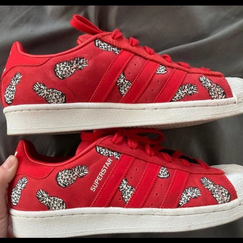 Red adidas pineapple superstar sneakers
